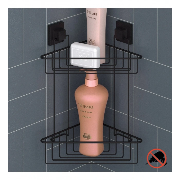 Banyo Köşe Rafı Kendinden Yapışkanlı 2 Katlı EasyFix Siyah