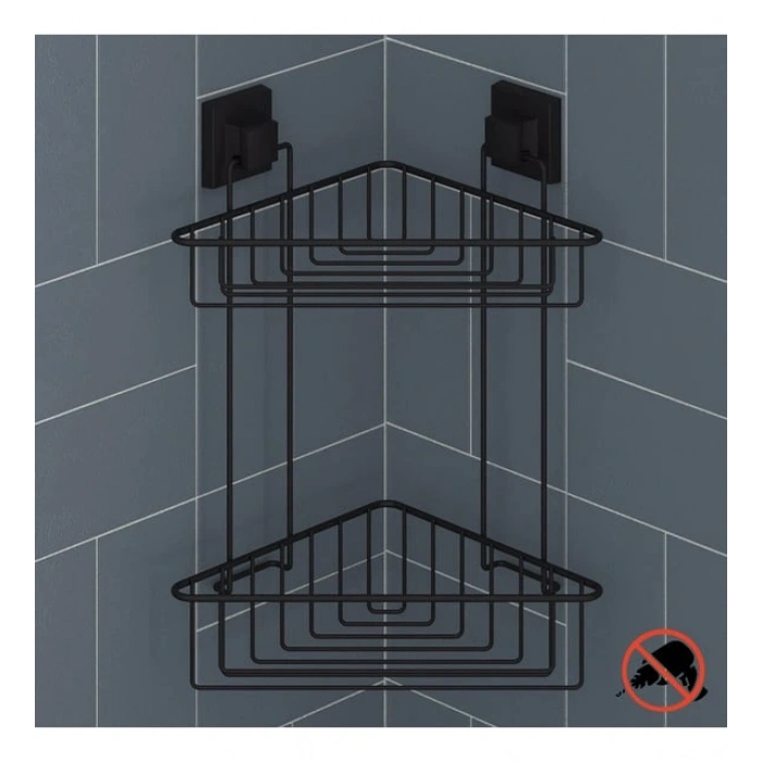 Banyo Köşe Rafı Kendinden Yapışkanlı 2 Katlı EasyFix Siyah