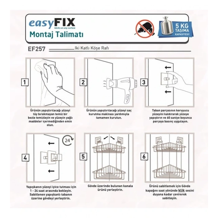 Banyo Köşe Rafı Kendinden Yapışkanlı 2 Katlı EasyFix Siyah