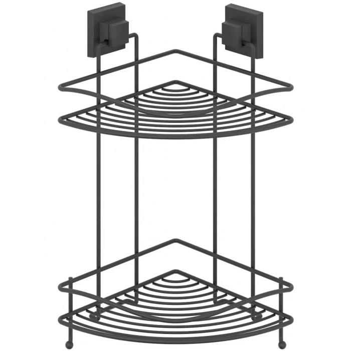 Banyo Köşe Rafı Kendinden Yapışkanlı 2 Katlı Kancalı Easyfix Siyah