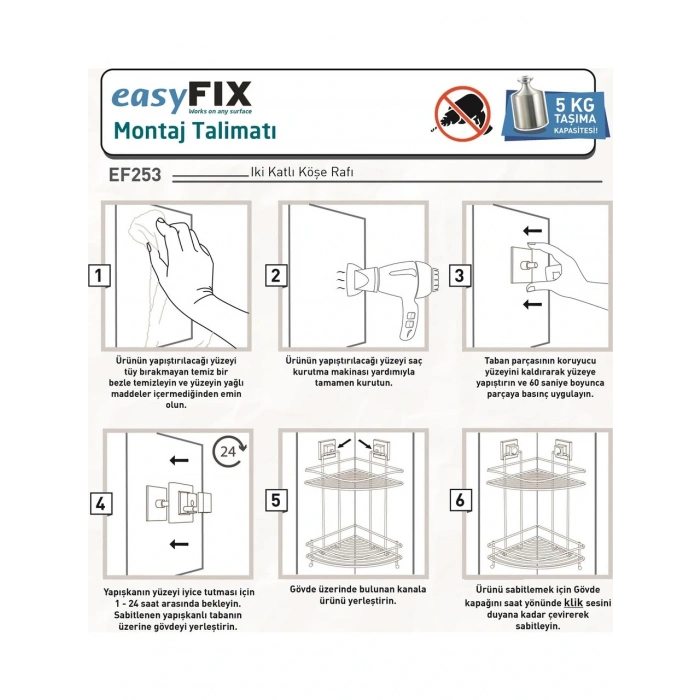 Banyo Köşe Rafı Kendinden Yapışkanlı 2 Katlı Kancalı Easyfix Siyah