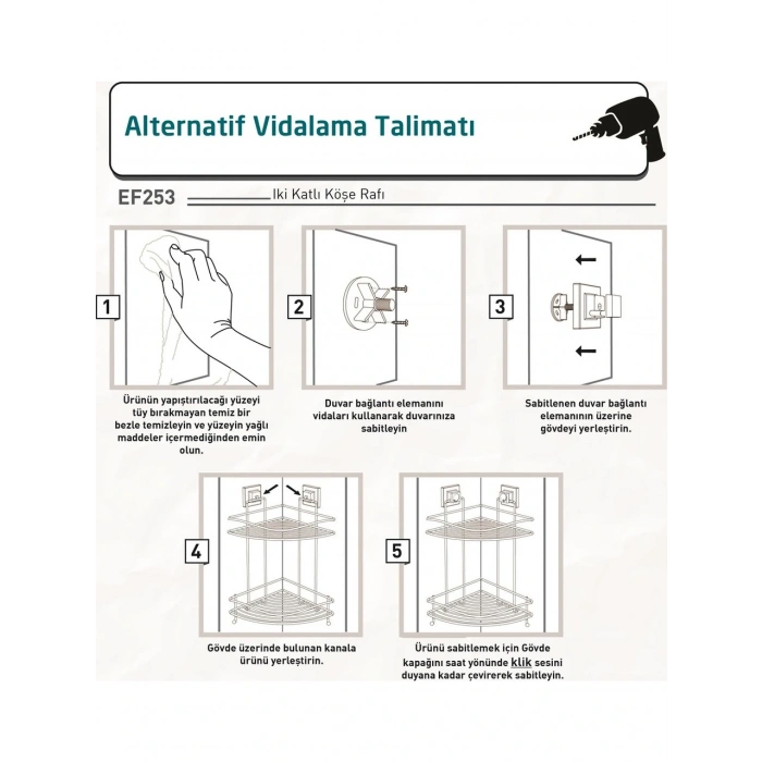 Banyo Köşe Rafı Kendinden Yapışkanlı 2 Katlı Kancalı Easyfix Siyah