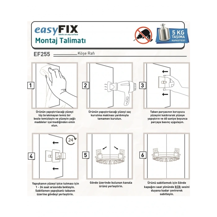 Banyo Köşe Rafı Paslanmaz EasyFix Siyah