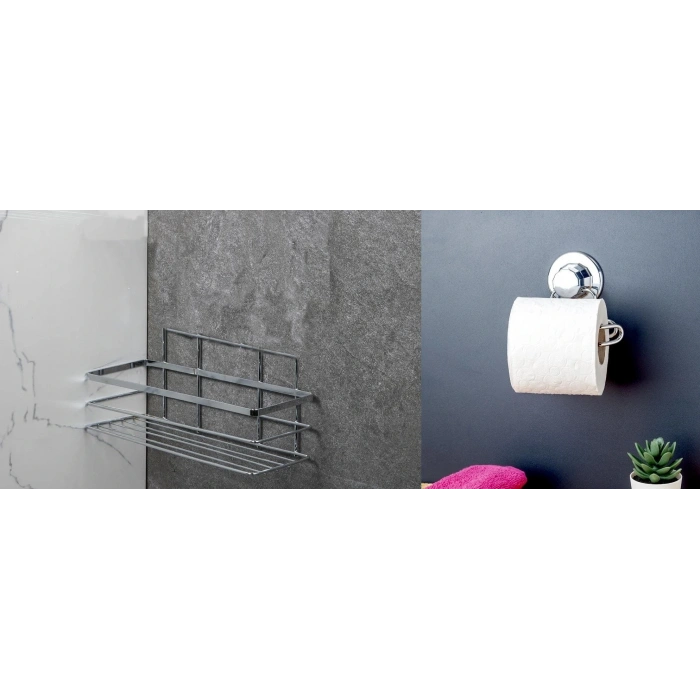 Banyo Köşe Rafı Tek Katlı Şampuanlık Vidalı + Vakumlu Tuvalet Kağıtlık