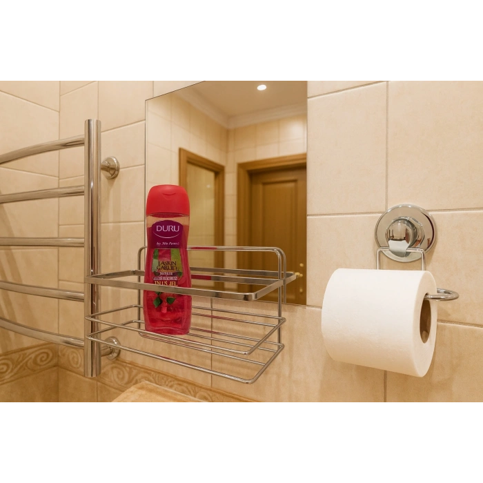 Banyo Köşe Rafı Tek Katlı Şampuanlık Vidalı + Vakumlu Tuvalet Kağıtlık