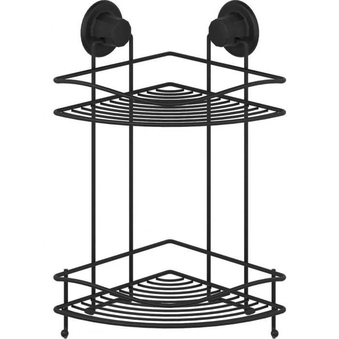 Banyo Köşe Rafı Vakumlu Paslanmaz 2 Katlı Kancalı Siyah