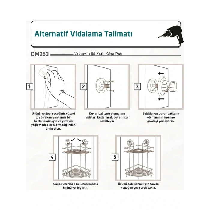 Banyo Köşe Rafı Vakumlu Paslanmaz 2 Katlı Kancalı Siyah