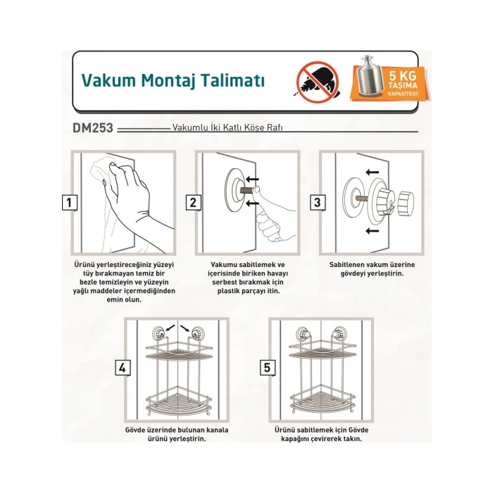 Banyo Köşe Rafı Vakumlu Paslanmaz 2 Katlı Kancalı Siyah