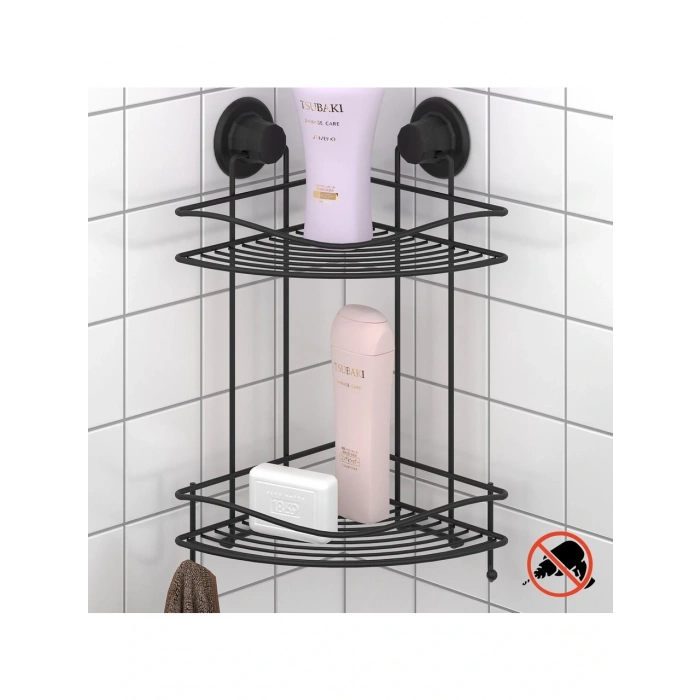 Banyo Köşe Rafı Vakumlu Paslanmaz 2 Katlı Kancalı Siyah
