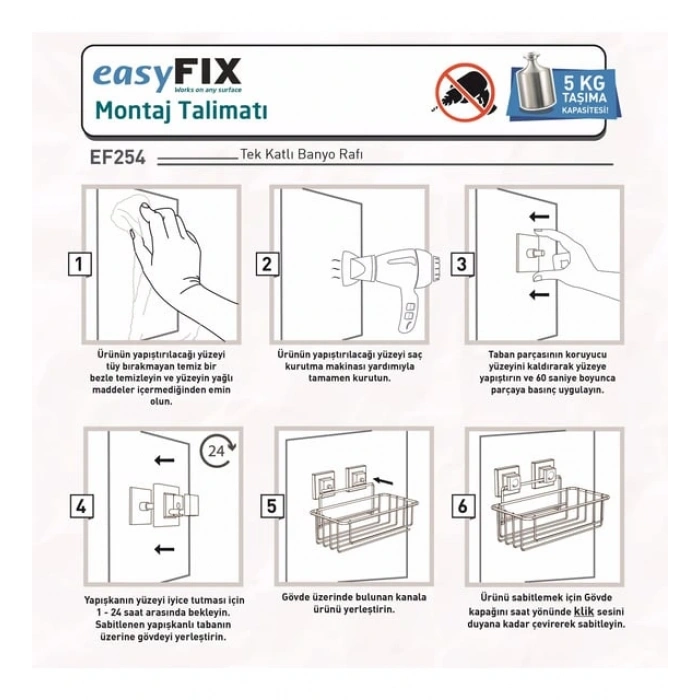 Banyo Rafı Paslanmaz Yapışkanlı EasyFix Siyah