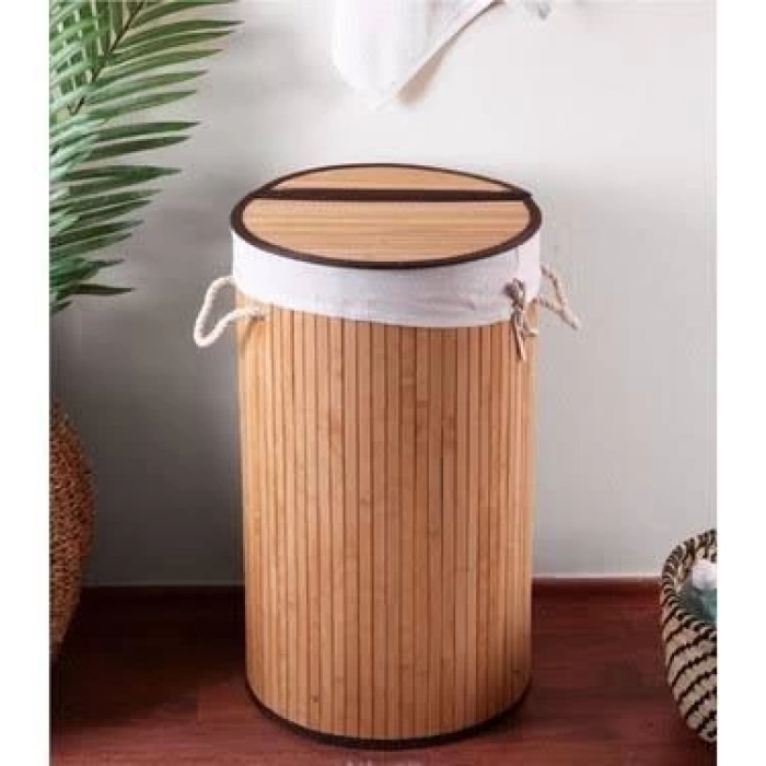 Dekoratif Kulplu Bambu Katlanır Çamaşır Sepeti 35x61cm