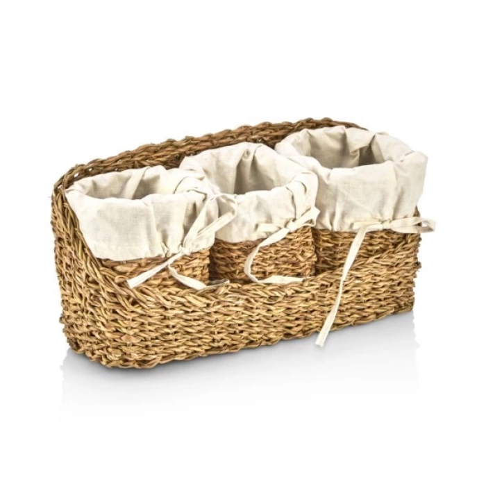 Dekoratif Bezli Organizer Hasır Sepet 4 lü Set