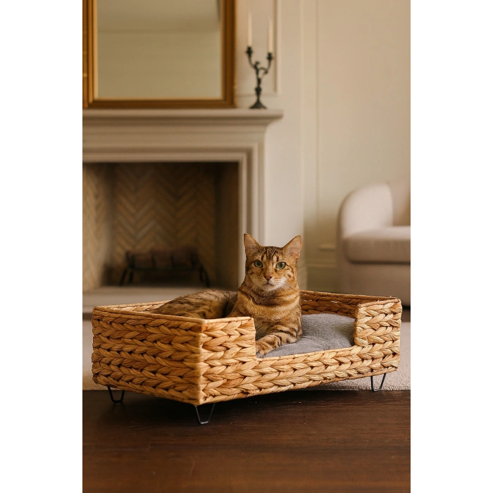 Dekoratif Dikdörtgen Hasır Kedi Köpek Yatagı Sepet 50x40x20cm
