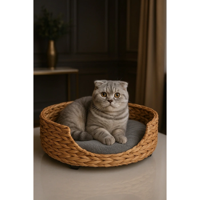 Dekoratif Hasır Kedi Köpek Yatağı Sepet 46x35x36cm