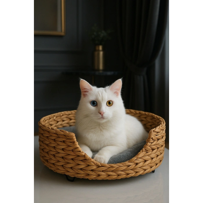 Dekoratif Hasır Kedi Köpek Yatağı Sepet 46x35x36cm