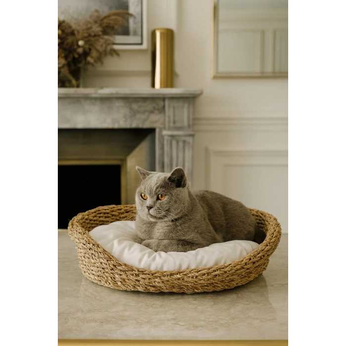 Dekoratif Hasır Kedi Köpek Yatağı Sepet 53cmx40cmx14cm