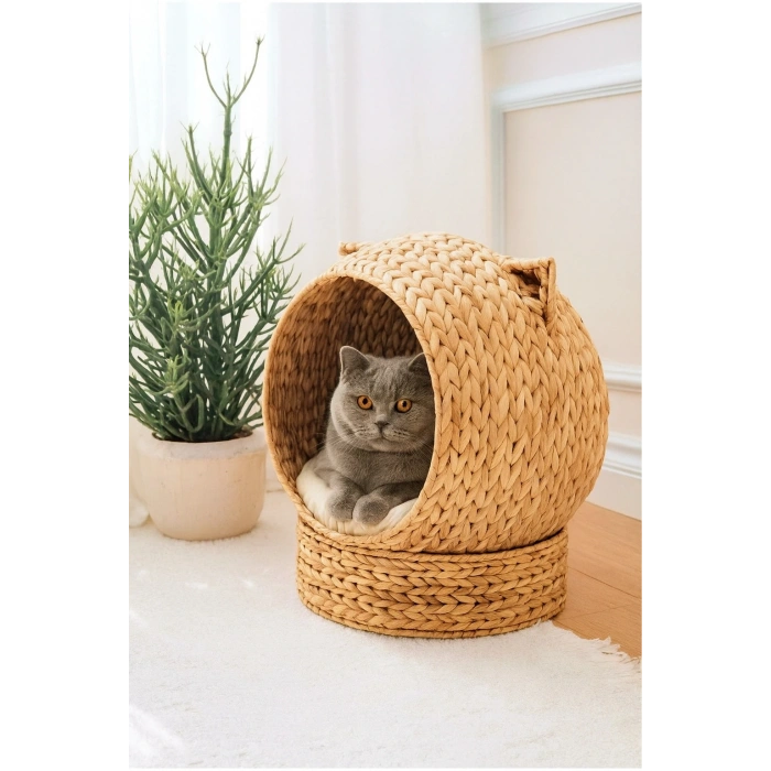 Dekoratif Kulaklı Minderli Hasır Kedi Köpek Yatağı Sepet