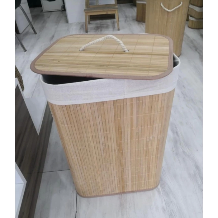 Dekoratif Kulplu Bambu Katlanır Çamaşır Sepeti 40x30x60cm Naturel 72lt