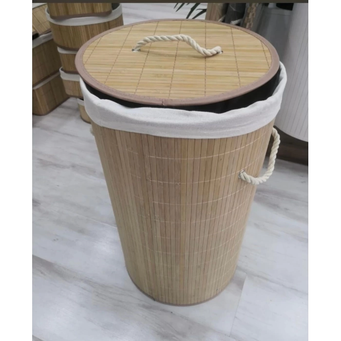 Dekoratif Kulplu Bambu Katlanır Çamaşır Sepeti 35x60cm Naturel 55litre