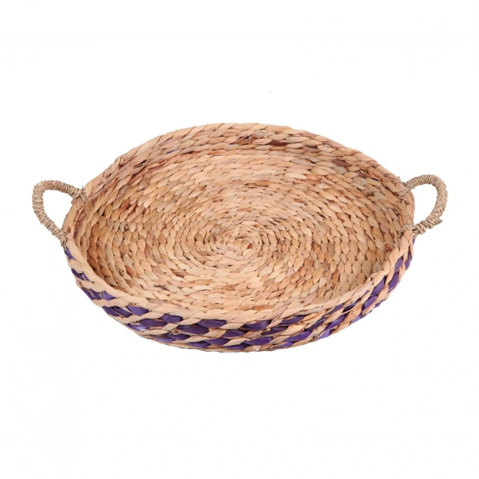 Dekoratif Kulplu Yuvarlak Hasır Sepet Düzenleyici Tepsi 41x8cm