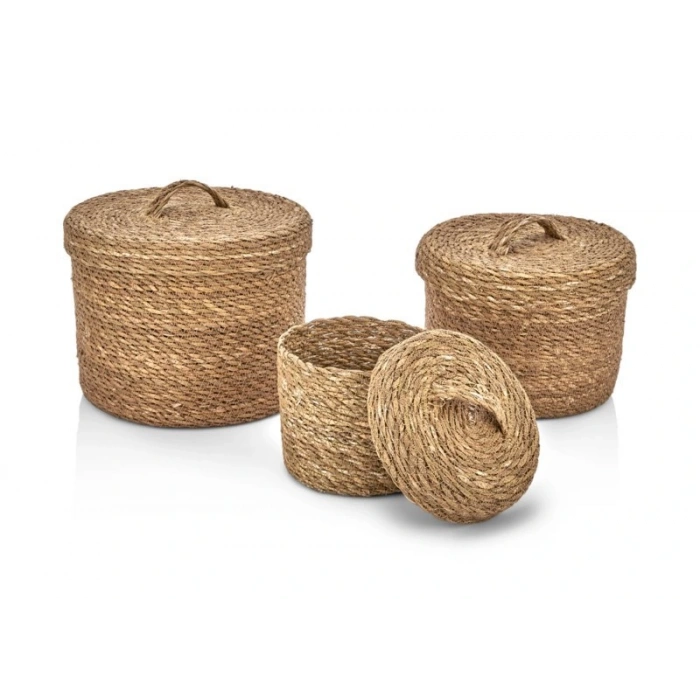 Dekoratif Natural Yuvarlak Düzenleyici Hasır Sepet 3 lü Set