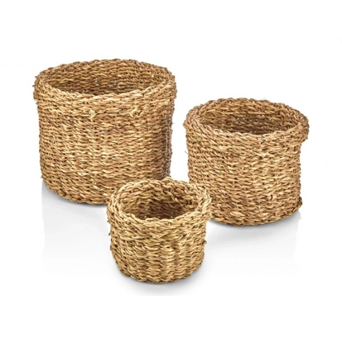 Dekoratif Natural Yuvarlak Düzenleyici Hasır Sepet Saksılık 3 lü Set CL-13055