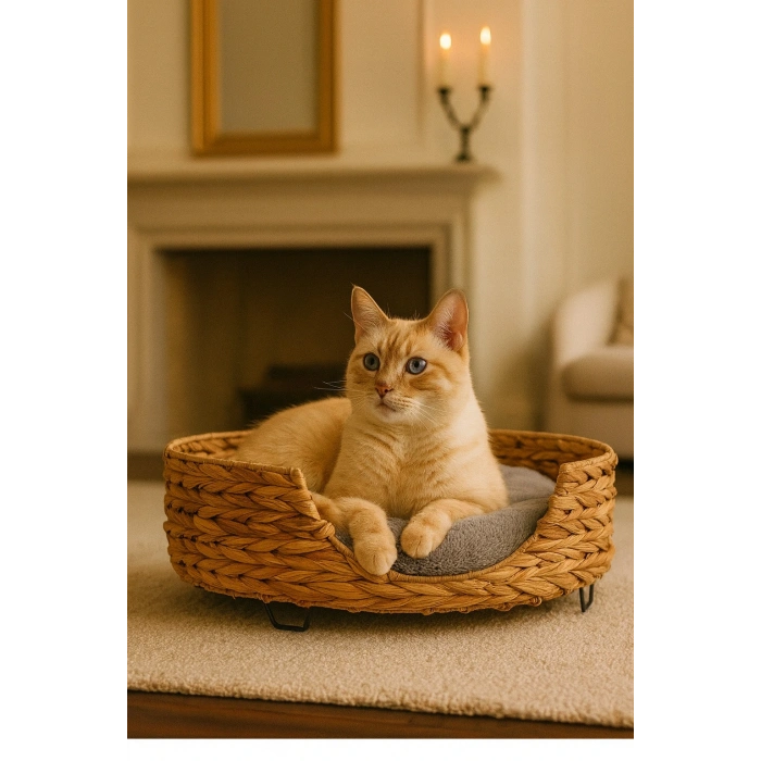 Dekoratif Yuvarlak Hasır Kedi Köpek Yatagı Sepet 50x20cm