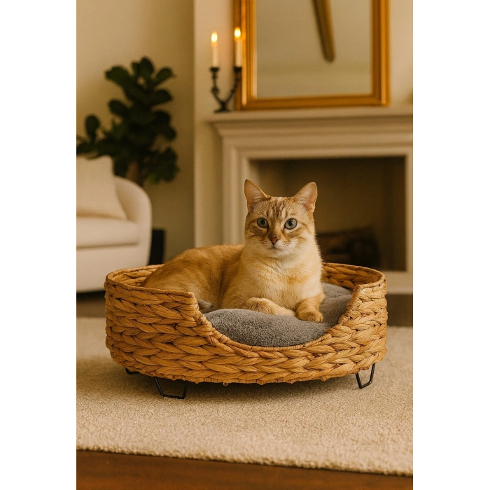 Dekoratif Yuvarlak Hasır Kedi Köpek Yatagı Sepet 55x22cm