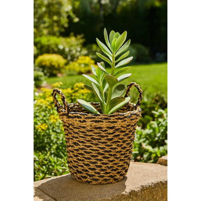 Dekoratif Yuvarlak Saksılık Hasır Çamaşır Sepeti 33x30cm