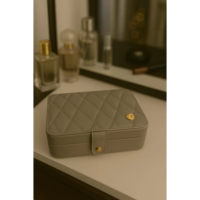 Deri Baklava Desenli Seyahat Takı Bijuteri Mücevher Kutusu Organizer Düzenleyici 16cm Gri İthal Ürün