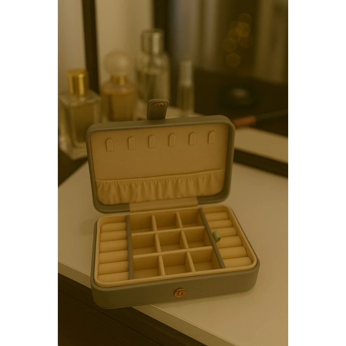 Deri Baklava Desenli Seyahat Takı Bijuteri Mücevher Kutusu Organizer Düzenleyici 16cm Gri İthal Ürün