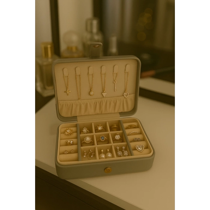 Deri Baklava Desenli Seyahat Takı Bijuteri Mücevher Kutusu Organizer Düzenleyici 16cm Gri İthal Ürün