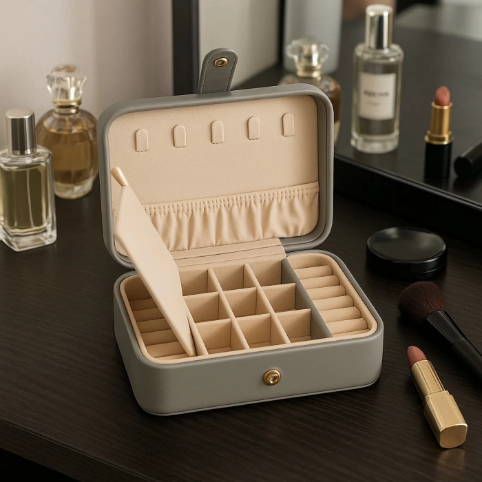 Deri Baklava Desenli Seyahat Takı Bijuteri Mücevher Kutusu Organizer Düzenleyici 16cm Gri İthal Ürün