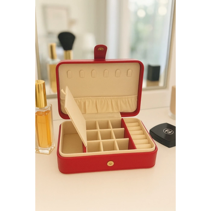 Deri Baklava Desenli Seyahat Takı Bijuteri Mücevher Kutusu Organizer Düzenleyici 16cm Kırmızı İthal Ürün