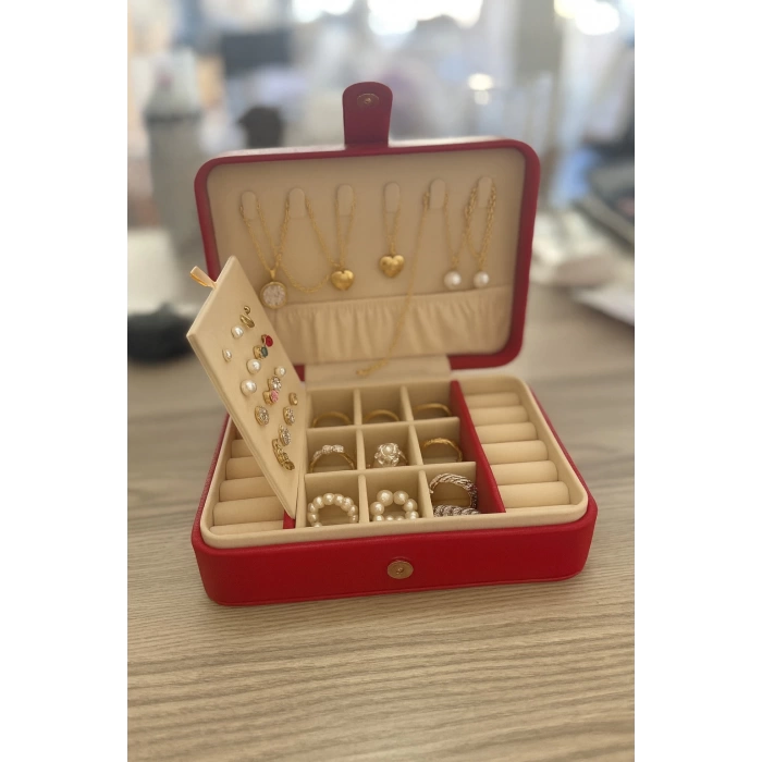 Deri Baklava Desenli Seyahat Takı Bijuteri Mücevher Kutusu Organizer Düzenleyici 16cm Kırmızı İthal Ürün