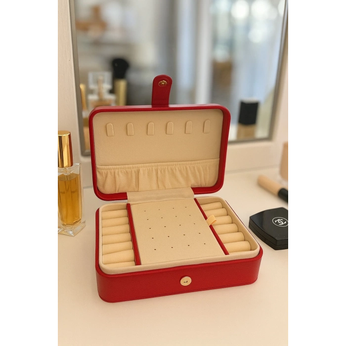 Deri Baklava Desenli Seyahat Takı Bijuteri Mücevher Kutusu Organizer Düzenleyici 16cm Kırmızı İthal Ürün