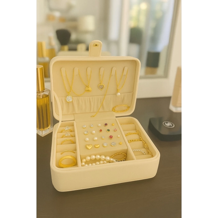 Deri Baklava Desenli Seyahat Takı Bijuteri Mücevher Kutusu Organizer Düzenleyici 16cm Krem İthal Ürün