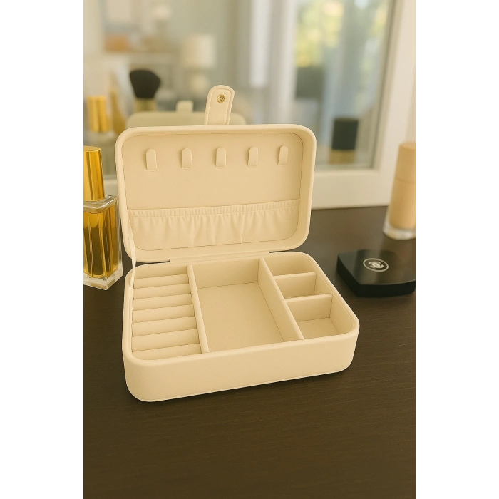 Deri Baklava Desenli Seyahat Takı Bijuteri Mücevher Kutusu Organizer Düzenleyici 16cm Krem İthal Ürün