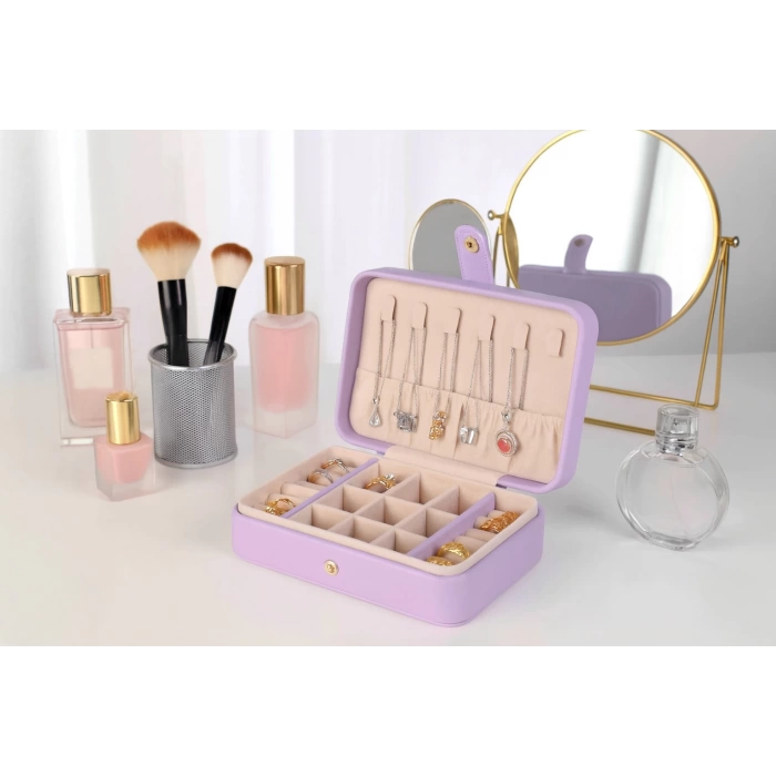 Deri Baklava Desenli Seyahat Takı Bijuteri Mücevher Kutusu Organizer Düzenleyici 16cm Lila İthal Ürün