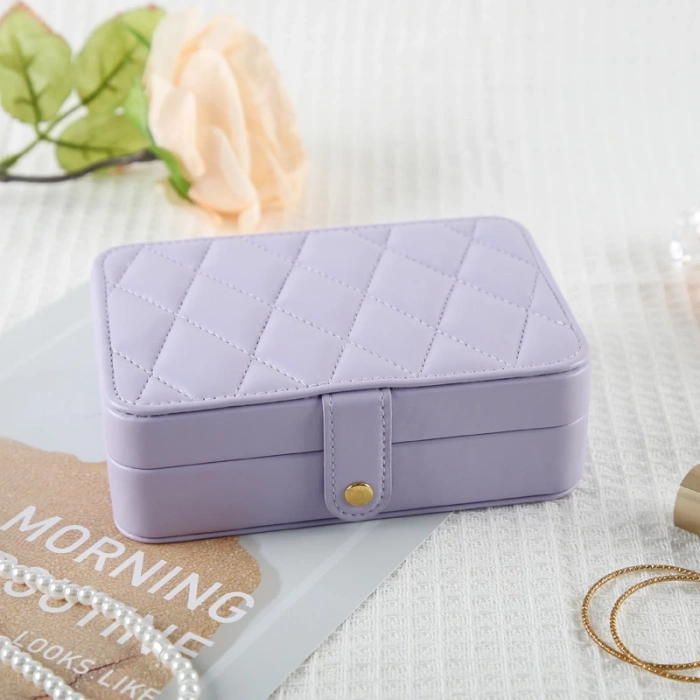 Deri Baklava Desenli Seyahat Takı Bijuteri Mücevher Kutusu Organizer Düzenleyici 16cm Lila İthal Ürün