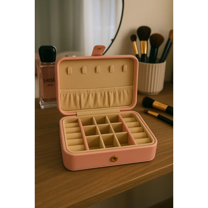 Deri Baklava Desenli Seyahat Takı Bijuteri Mücevher Kutusu Organizer Düzenleyici 16cm Pembe İthal Ürün