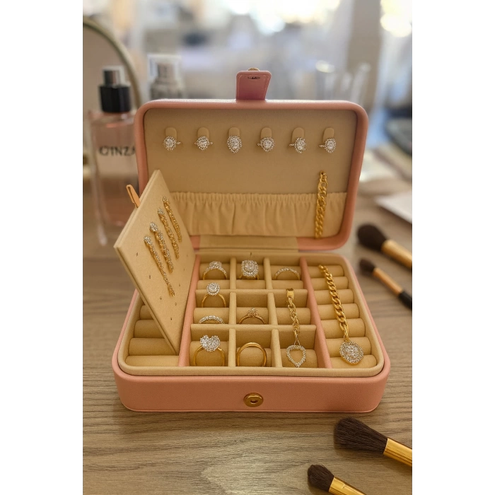 Deri Baklava Desenli Seyahat Takı Bijuteri Mücevher Kutusu Organizer Düzenleyici 16cm Pembe İthal Ürün