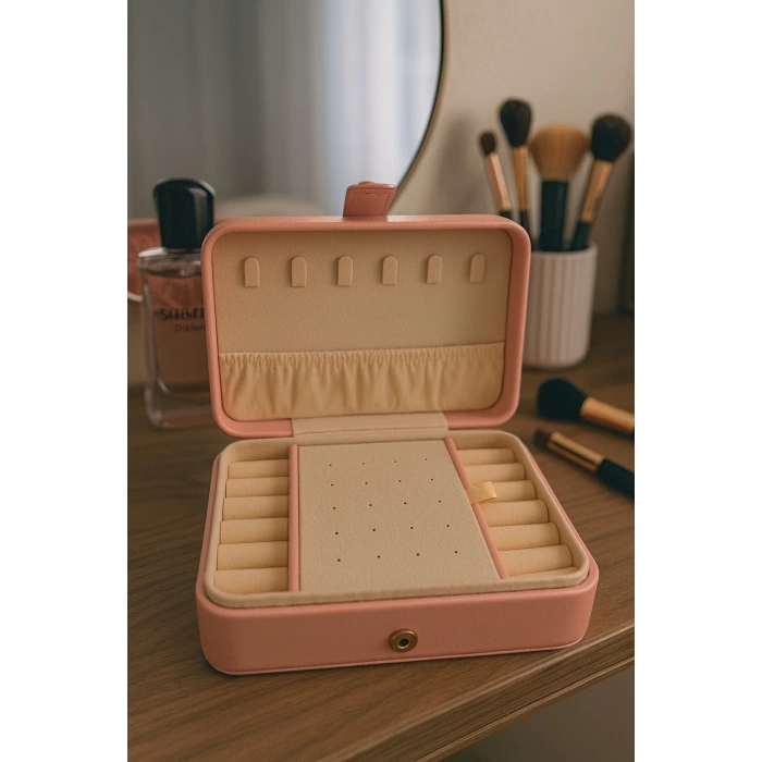 Deri Baklava Desenli Seyahat Takı Bijuteri Mücevher Kutusu Organizer Düzenleyici 16cm Pembe İthal Ürün
