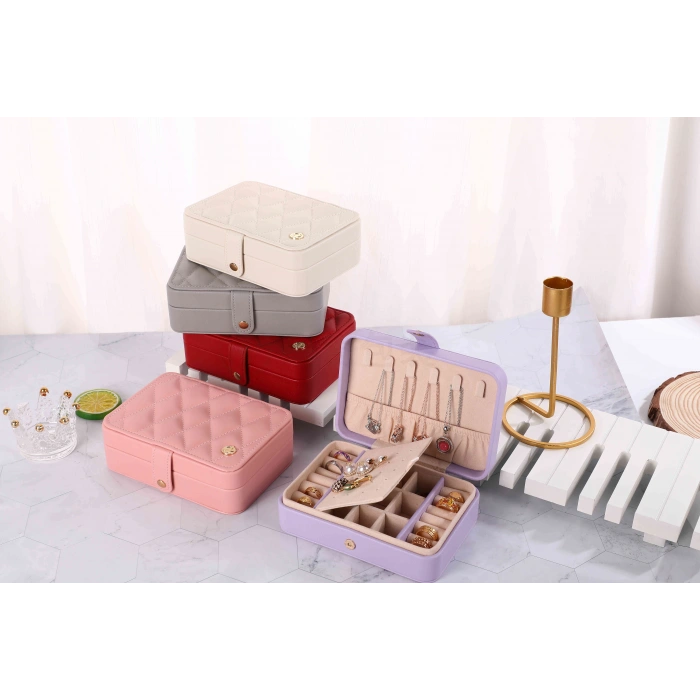 Deri Baklava Desenli Seyahat Takı Bijuteri Mücevher Kutusu Organizer Düzenleyici 16cm Pembe İthal Ürün