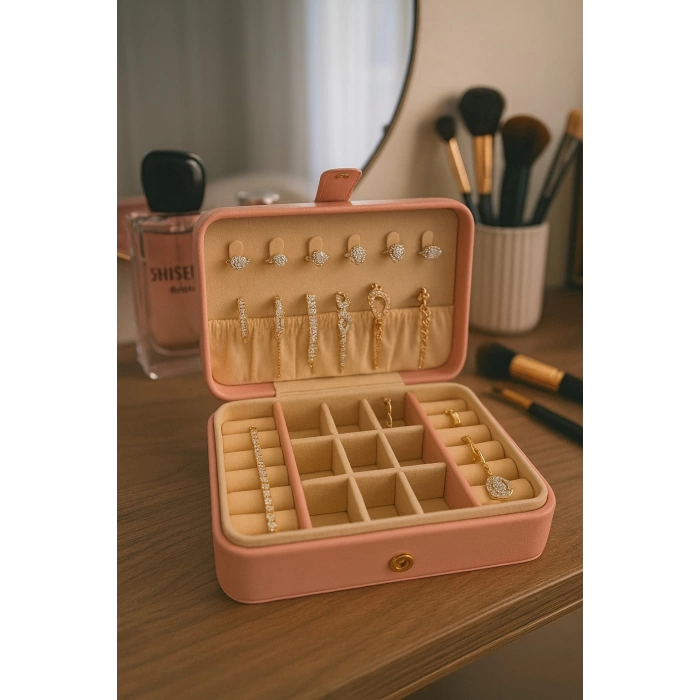 Deri Baklava Desenli Seyahat Takı Bijuteri Mücevher Kutusu Organizer Düzenleyici 16cm Pembe İthal Ürün