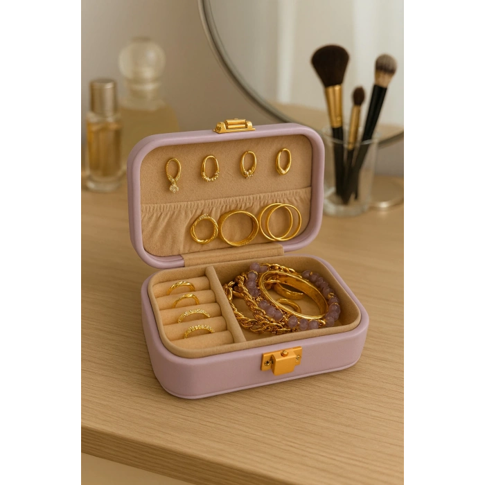 Deri Midi Seyahat Takı Bijuteri Mücevher Kutusu Organizer Düzenleyici 12cm Lila İthal Ürün