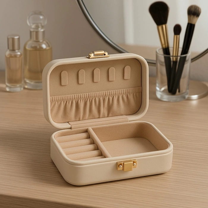 Deri Midi Seyahat Takı Bijuteri Mücevher Kutusu Organizer Düzenleyici 12cm Krem İthal Ürün