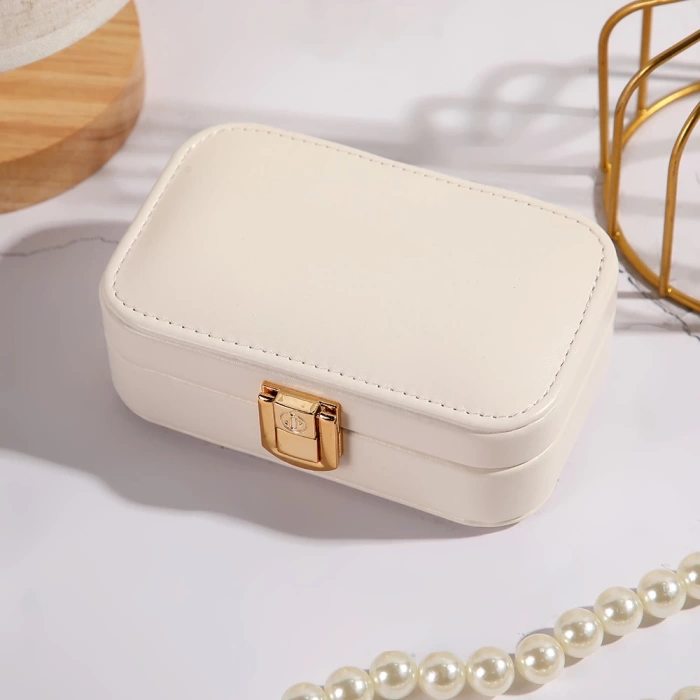 Deri Midi Seyahat Takı Bijuteri Mücevher Kutusu Organizer Düzenleyici 12cm Krem İthal Ürün
