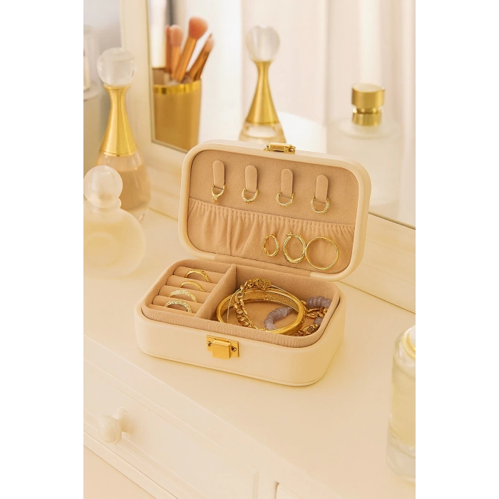 Deri Midi Seyahat Takı Bijuteri Mücevher Kutusu Organizer Düzenleyici 12cm Krem İthal Ürün