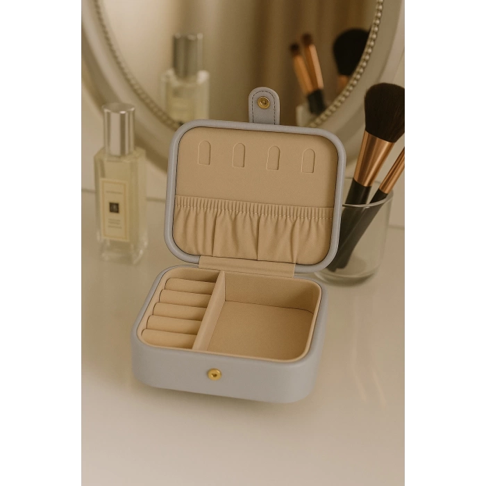 Deri Mini Baklava Desenli Seyahat Takı Bijuteri Mücevher Kutusu Organizer Düzenleyici 11,5cm Gri İthal Ürün